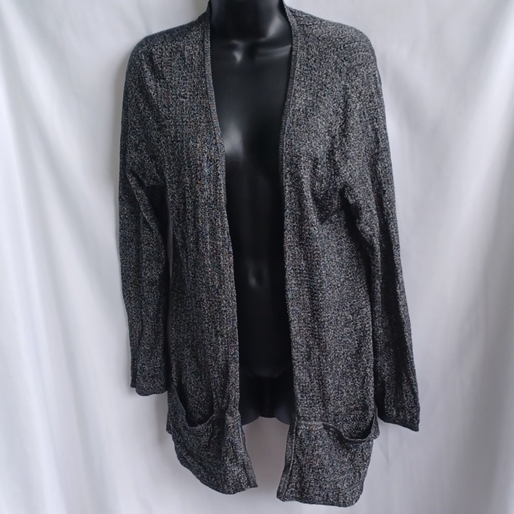 Pendleton Black & Silver Metallic Ribbed‎ Longline Cardigan Wool Blend Duster M